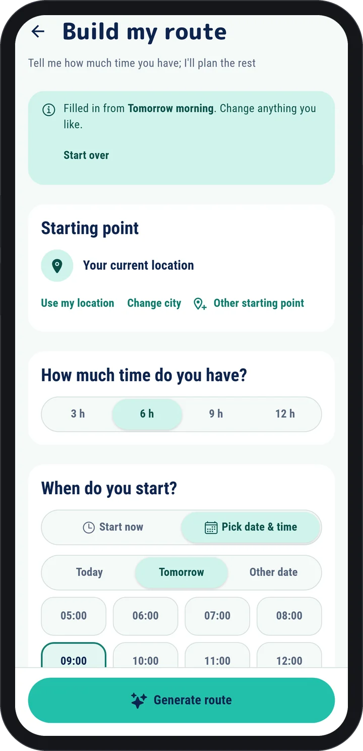 WeGuide AI app: route builder