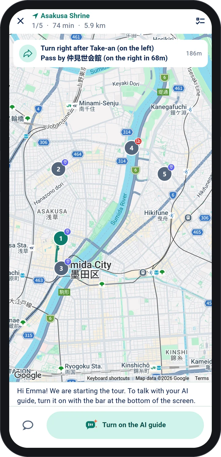 WeGuide AI app: turn-by-turn guidance along a route with the AI guide switched on