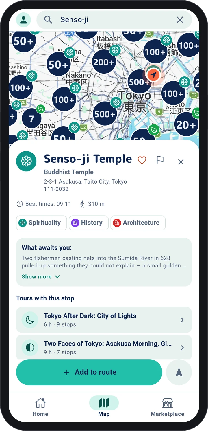 WeGuide AI app: a place card with the best hours to visit