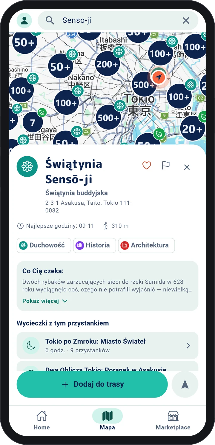 Aplikacja WeGuide AI: karta miejsca z najlepszymi godzinami odwiedzin