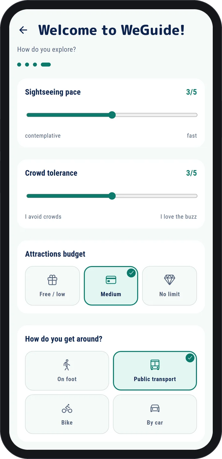 WeGuide AI app: onboarding screen where you choose your travel style
