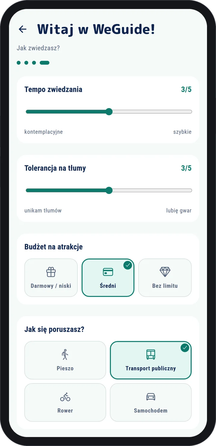Aplikacja WeGuide AI: ekran powitalny, na którym wybierasz swój styl podróżowania