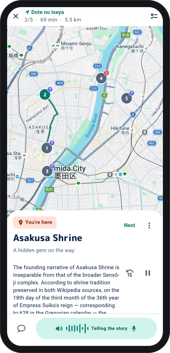 WeGuide AI app: the guide tells the story of a place while you wait at a bus stop in Asakusa